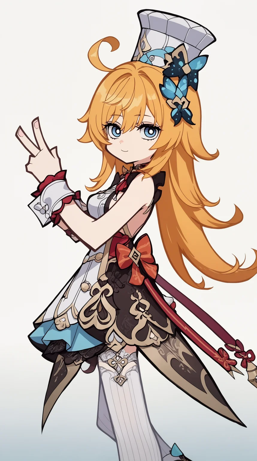 score_9, score_8_up, score_7_up,anime_source, source_anime, best background, detailed background, anime screencap,simple background, white background,    zzzemoji, Escoffier_gensh, 1girl, v-sign, pose, hair ornament, ahoge, butterfly hair ornament, orange hair, blue eyes, long hair, bangs,thighhighs,  hat, chef hat, white thighhighs, sideboob, wrist cuffs, striped thighhighs, striped, white headwear, medium breasts, sleeveless, bow, skirt, <lora:Escoffier_Pony:0.8> <lora:ZZZ_Emoji_style_PONY:1>