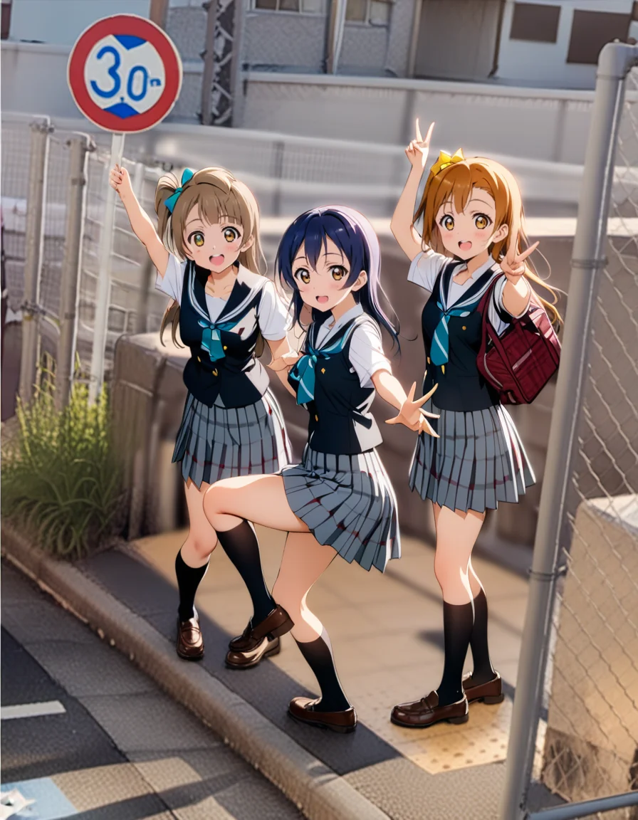 masterpiece, best quality, ultra detailed, highres,4k,(ultra-detailed:1.4) (illustration:0.5), (ray tracing,:0.8),(anime colored:0.7),(ai-generated:0.5),
sonoda umi, love live!,
kousaka honoka, love live!,
minami kotori, love live!,
smile,school uniform,
<lora:googlecarmemeXL1:1>,googlecarmeme,
multiple girls, 3girls,outdoors,sign,road, road sign,city,
v,standing on one leg,arm up,
