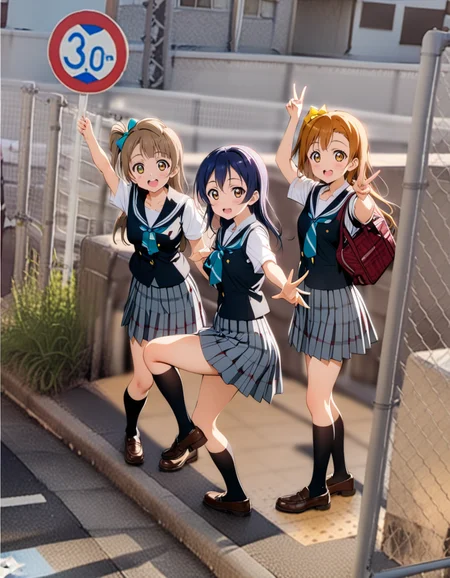 masterpiece, best quality, ultra detailed, highres,4k,(ultra-detailed:1.4) (illustration:0.5), (ray tracing,:0.8),(anime colored:0.7),(ai-generated:0.5),
sonoda umi, love live!,
kousaka honoka, love live!,
minami kotori, love live!,
smile,school uniform,
<lora:googlecarmemeXL1:1>,googlecarmeme,
multiple girls, 3girls,outdoors,sign,road, road sign,city,
v,standing on one leg,arm up,