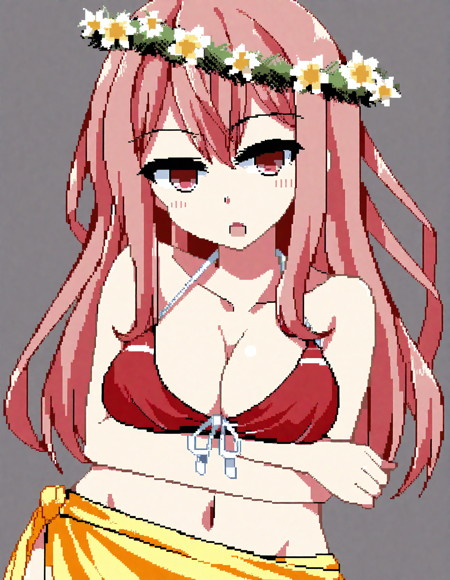 character: Mizuki (ç¾æ), 1girl, solo, simple background, looking at viewer, open mouth, long hair, pink hair, large breasts, flower, red eyes, white head wreath, pixel art, :o, yellow sarong, cleavage, white background, arm under breasts, navel, collarbone, red bikini, front-tie bikini top<lora:Mizuki (ç¾æ) v3-000013:1>