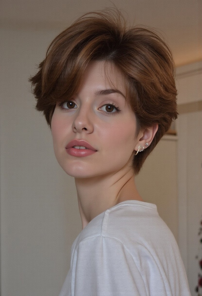 a tall Russian woman with an athletic body. mega hair volume. she has a pixie haircut with a lot of hair volume. amazing hair texture. gorgeous perfect smile, tiny waist. shiny perfect texture