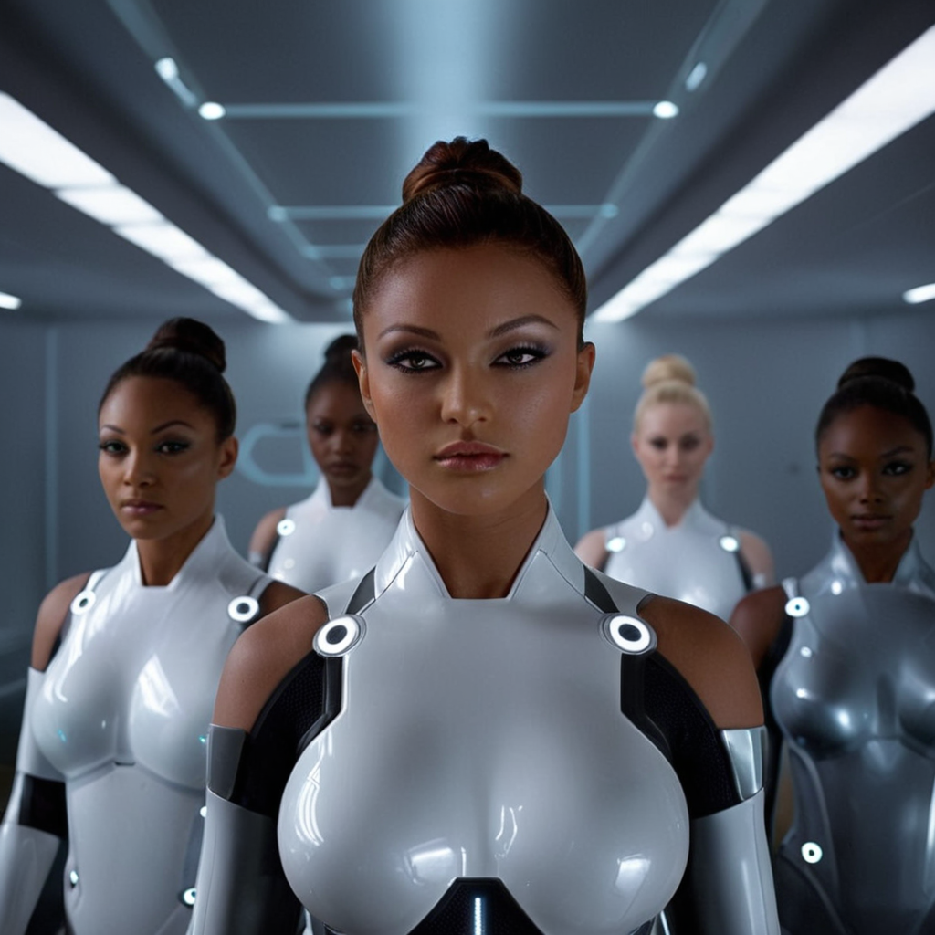 cinematic film still of <lora:add-detail-xl:0.1>1
<lora:detailed:0.3> realism
<lora:perfection style:0.2> perfect
<lora:eyetune:0.6>
<lora:xl_more_art-full_v1:0.1>
<lora:Ron Fricke style:0.3>
<lora:Unreal Engine style:0.3>
<lora:TeethXL:0.3>
<lora:Chiaroscuro Lighting Style:0.3> Chiaroscuro Lighting Style
 <lora:Tron style:1>
In a futuristic sci-fi glowing world a group of people in futuristic whitesuits standing in a room,breasts,looking at viewer,short hair,multiple girls,1boy,medium breasts,monochrome,dark skin,hair bun,dark-skinned female,4girls,bodysuit,single hair bun,5girls,realistic , action movie themed, science fiction movie themed, sharp, detailed, epic cinematic photography, artistic, dramatic light, cinematic color style, Kodak film style, Tron style, shallow depth of field, vignette, highly detailed, high budget, bokeh, cinemascope, moody, epic, gorgeous, film grain, grainy