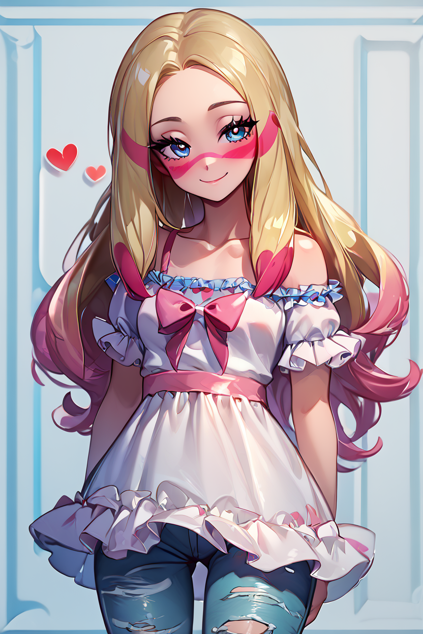 score_9, score_8_up, score_8, medium breasts, (curvy), cute, eyelashes,       BREAK, , zzMina,  long hair, eyelashes, half-closed eyes, facepaint,  collarbone, white shirt, oversized shirt, off shoulder, short sleeves, torn clothes, torn pants, jeans, <lora:Mina_Pokemon_PDXL_Citron:0.8>, , BREAK, closed mouth, alternate costume, smile, looking at viewer, blush,  zzLFashion, frilled dress, frills, bow, dress, striped thighhighs, sweetL, cowboy shot,  embedding:zPDXL, Expressiveh,  <lora:Vivid:0.7>,  <lora:LFashionPDXL:1>,  <lora:Uncensored_PonyXL_cpt_v02.09:0.4>,  <lora:Expressive_H-000001:0.4>,
