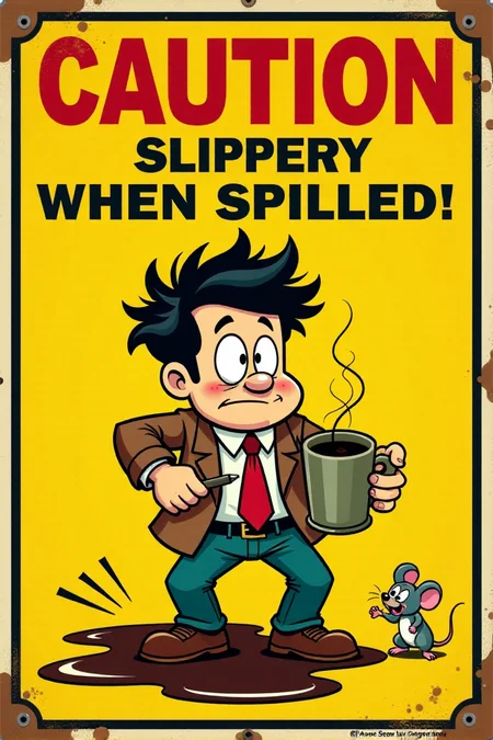 "Visualize a brightly colored vintage safety sign featuring a wide-eyed cartoon character, a frazzled-looking office worker with wild hair, precariously balancing an overflowing, steaming mug of coffee. The sign reads in bold, slightly distressed red lettering: 'CAUTION! Slippery When Spilled!' Below, a cartoonish puddle of dark brown liquid is depicted with radiating heat lines. The background is a cheerful yellow with a thick black border. The cartoon style should evoke the charm of mid-20th-century animation, with bold black outlines, simple shading, and expressive, slightly exaggerated features. Include small details like a dropped pen and a startled mouse witnessing the near-disaster. 8k resolution, vintage cartoon style, bright and attention-grabbing, emphasizing the potential hazard of spilled coffee." <lora:REMEs_War_Poster_Style:0.95> In REME's War Poster Style,âââ