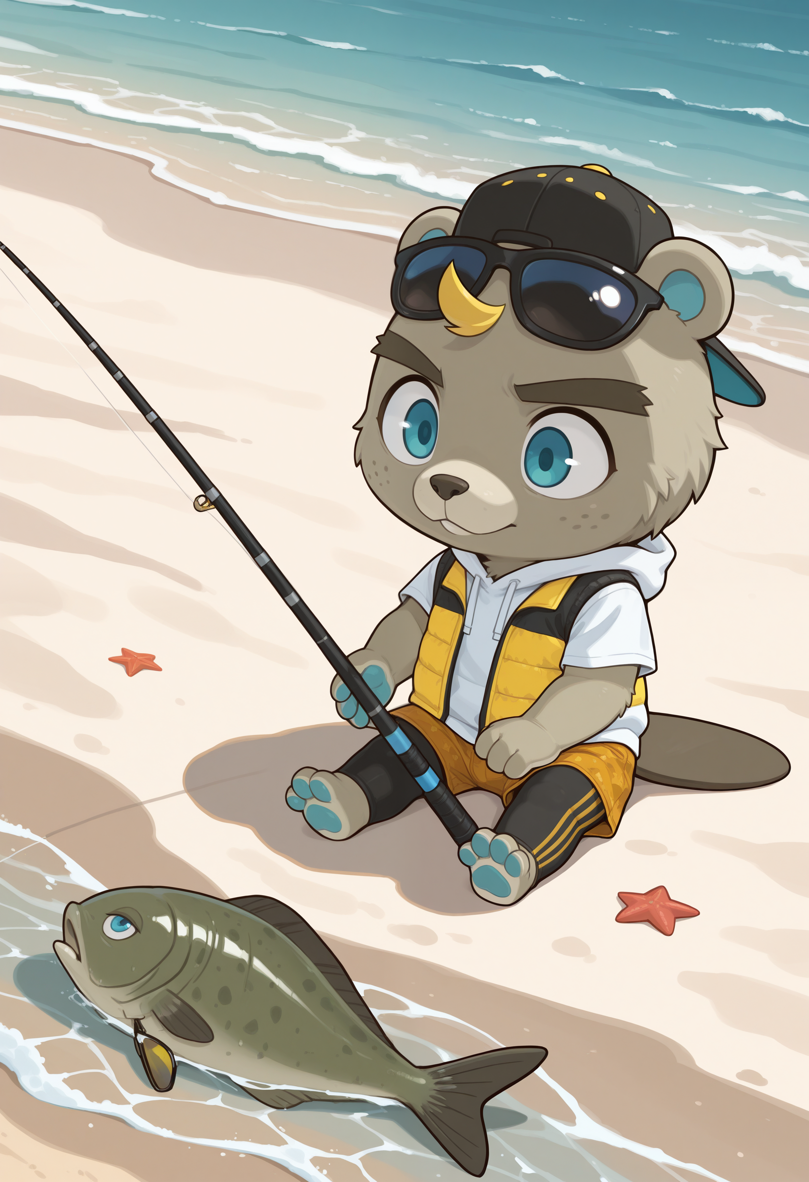 masterpiece,best quality,amazing quality, 1boy, solo, c33j4y, furry, black backwards hat, sunglasses, blue eyes, white hoodie, yellow open vest, orange shorts, black leggings, tail,  chibi, outdoors, beach, sitting, fishing,