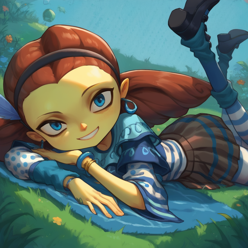 score_9, score_8_up, score_7_up, score_6_up, frazie aquato, 1girl, solo, colored skin, yellow skin,blue eyes, eyeliner, hairband, dark red hair, twintails, single hair braid, long braid,feather accessory, earring, bracelets, blue poncho, swirl pattern, striped shirt, blue and white shirt, dotted sleeves, arm warmer, bracelets, brown skirt, striped skirt, pantyhose, striped pantyhose, blue and white pantyhose, leg warmers, black footwear,  looking at viewer, detailed background, (young woman), (adult), (young adult), smile, teeth, lying on stomach on towel on the grass, sunny weather, noon, unique angle, face focus, lalangheej <lora:Frazie_Aquato_Psychonauts_2_-_PonyXL:0.7> <lora:d3p1x3lXLP:1> <lora:cutesexyronutts_style_xl:1>
