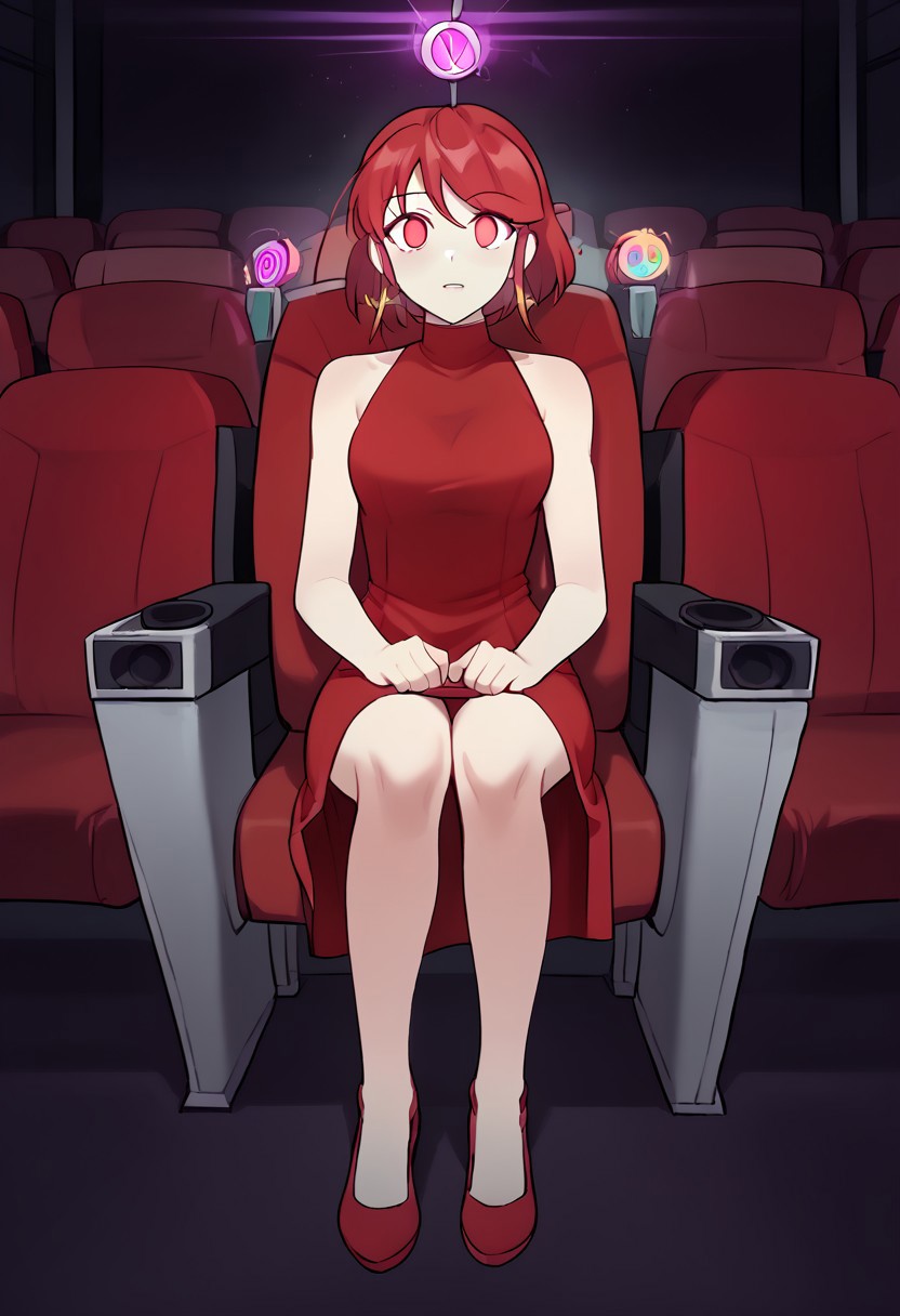 Pyhhra watching hypnotic movie,
score_9, source anime, lewd, 1girl, smooth,
mind control, hypnotized, hypnotic movie, wide eyes, empty eyes, blank eyes, no pupils,
movi3theater, sitting, red seats, dark room, 
PyrrhaDanDres, red dress, shoes, sleeveless, solo,