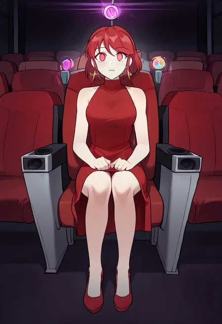Pyhhra watching hypnotic movie,
score_9, source anime, lewd, 1girl, smooth,
mind control, hypnotized, hypnotic movie, wide eyes, empty eyes, blank eyes, no pupils,
movi3theater, sitting, red seats, dark room, 
PyrrhaDanDres, red dress, shoes, sleeveless, solo,