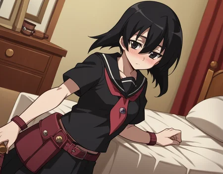 score_9, score_8_up, score_7_up, source_anime,
agkkurome, <lora:agk-kurome-s1-ponyxl-lora-nochekaiser:1>,
kurome, short hair, black hair, black eyes, hair between eyes,
skirt, school uniform, serafuku, belt, black serafuku, short sleeves, belt, black skirt, neckerchief, red neckerchief,
indoors, bed, bed room, on side, blush, drunk,
cowboy shot, solo, dutch angle, looking at viewer,