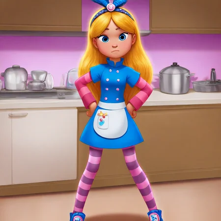 masterpiece, bestquality, solo, alice_wlb, blonde hair, long hair, hairband, blue eyes, dress, layered sleeves, apron, striped pantyhose, hands on hips, looking at viewer, kitchen