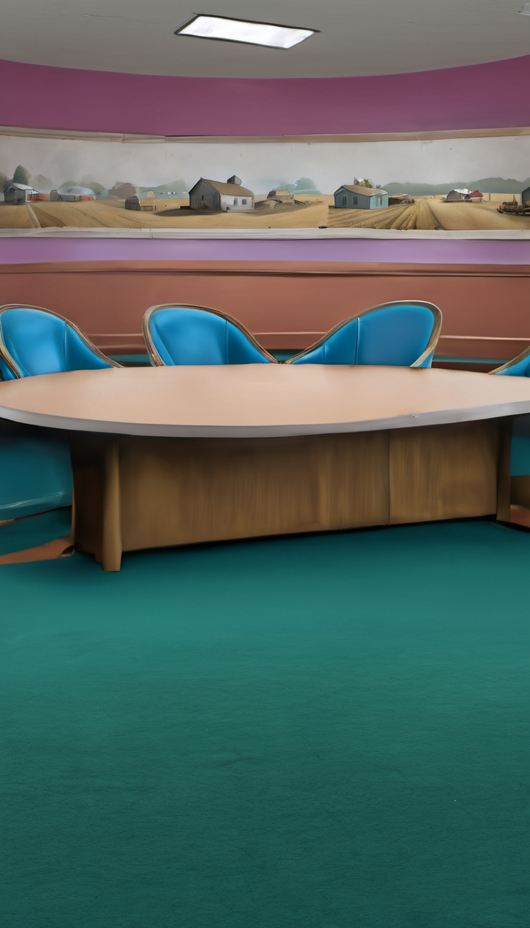 <lora:Everly_Heights_Backgrounds_New_Settings:1> An old dusty boarded-up conference room with a large oval table surrounded by blue chairs. The walls are adorned with faded paintings of farmers with torches terrorizing the town theater. Abandoned room, lost to time.