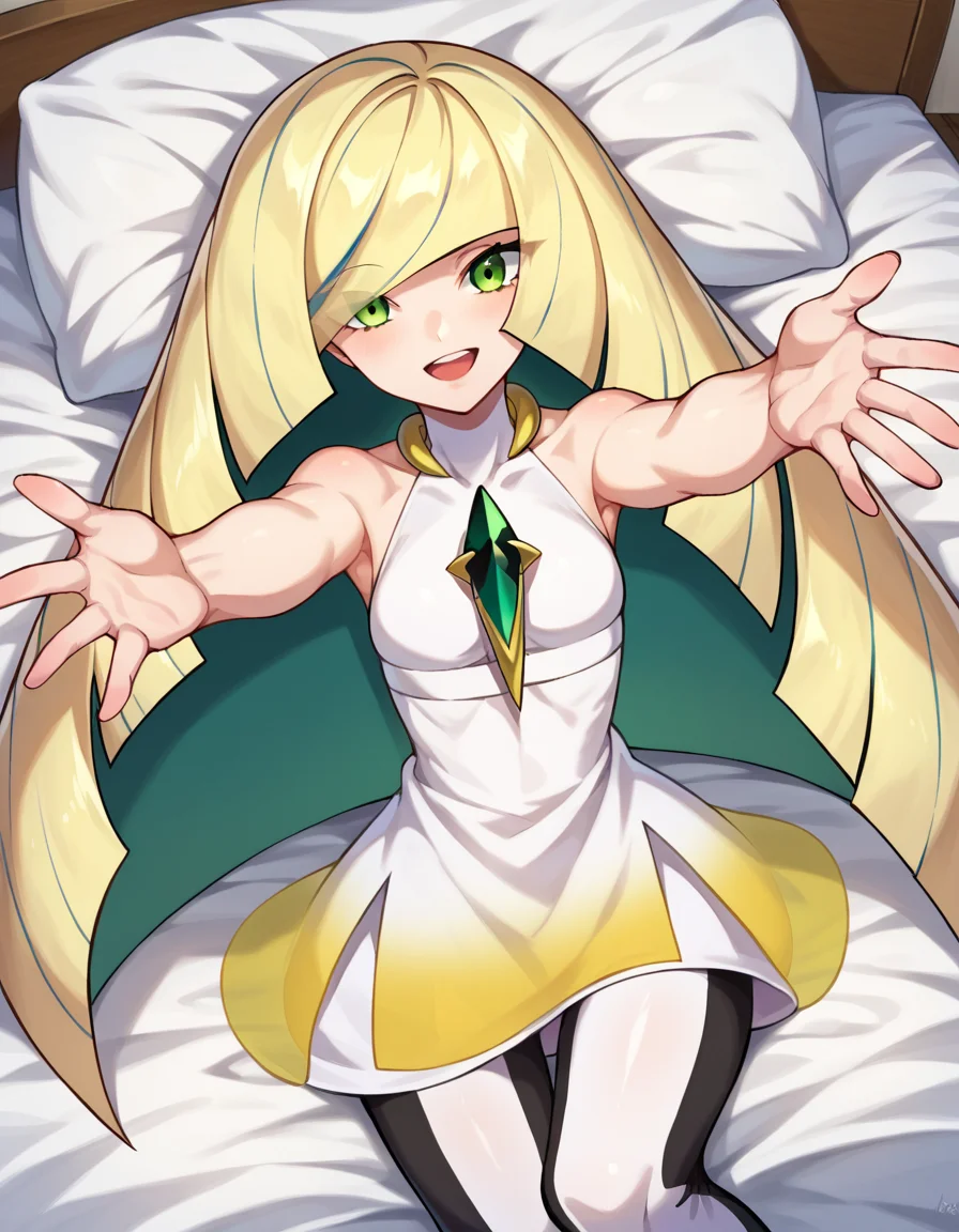 score_9, score_8_up, score_7_up, source_anime,
pokemonlusamine, <lora:pokemon-lusamine-ponyxl-lora-nochekaiser:1>
pokemonlusamine, blonde hair, green eyes, hair over one eye, long hair, multicolored hair, streaked hair, very long hair, smile,
bare arms, diamond \(shape\), dress, gem, green gemstone, leggings, short dress, sleeveless, sleeveless dress, white dress, white leggings,
indoors, bed, bed room, on back, arm support, arms up, incoming hug, pov, reaching, reaching towards viewer,
looking at viewer, dutch angle, cowboy shot,