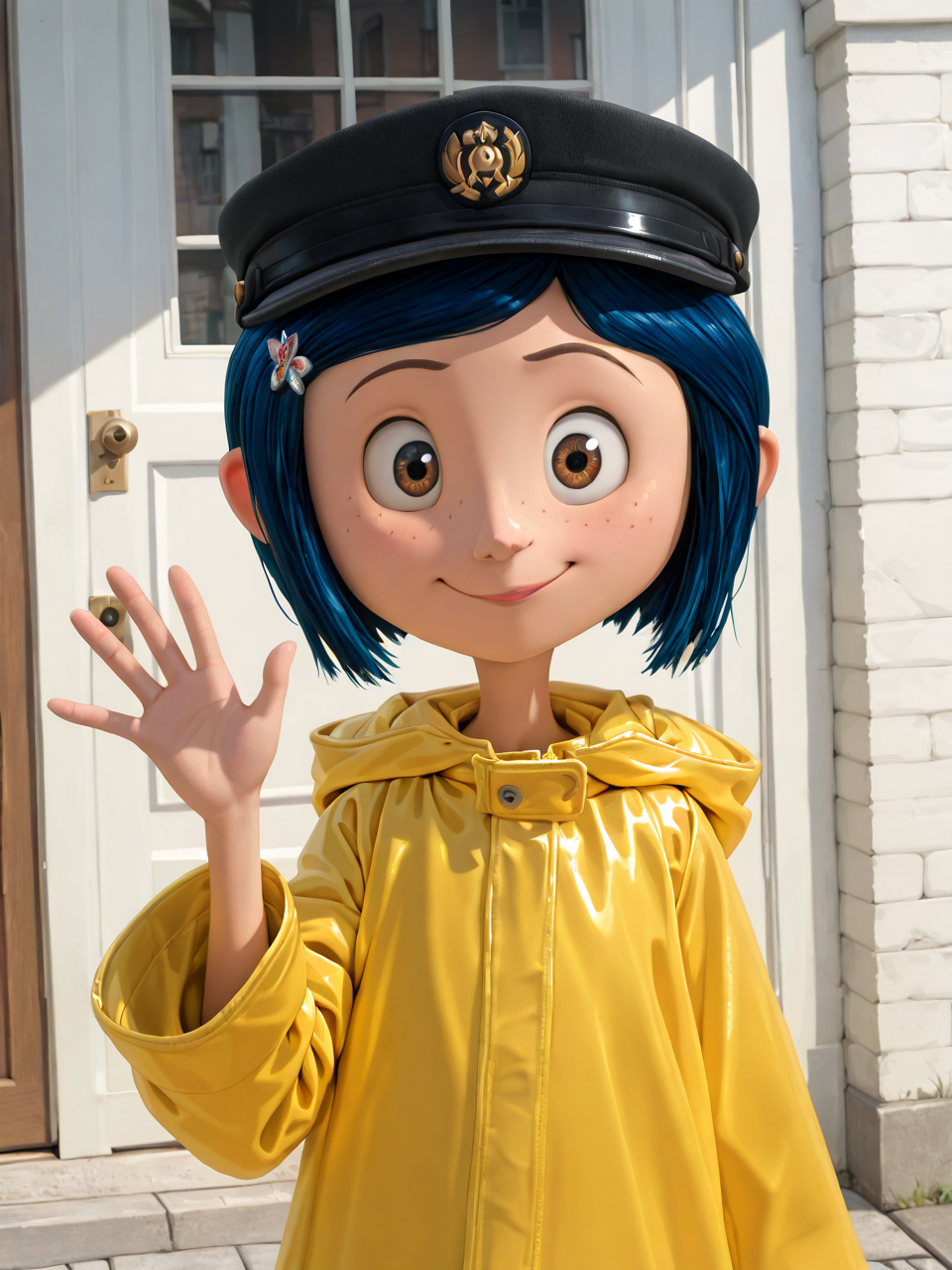 (masterpiece,best quality,newest,absurdres,highres), C0r4l1n3, 1girl, solo, short hair, blue hair, hair ornament, brown eyes, hairclip, freckles, yellow raincoat, black headwear, hood down, house, door, smile, upper body, raise left arm, day, outdoor, waving, looking at viewer, Volumetric Lighting  <lora:Coraline_IllustriousXL:0.8>