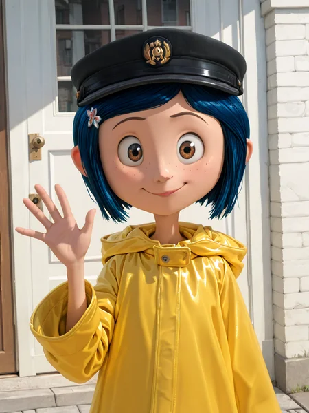 (masterpiece,best quality,newest,absurdres,highres), C0r4l1n3, 1girl, solo, short hair, blue hair, hair ornament, brown eyes, hairclip, freckles, yellow raincoat, black headwear, hood down, house, door, smile, upper body, raise left arm, day, outdoor, waving, looking at viewer, Volumetric Lighting  <lora:Coraline_IllustriousXL:0.8>