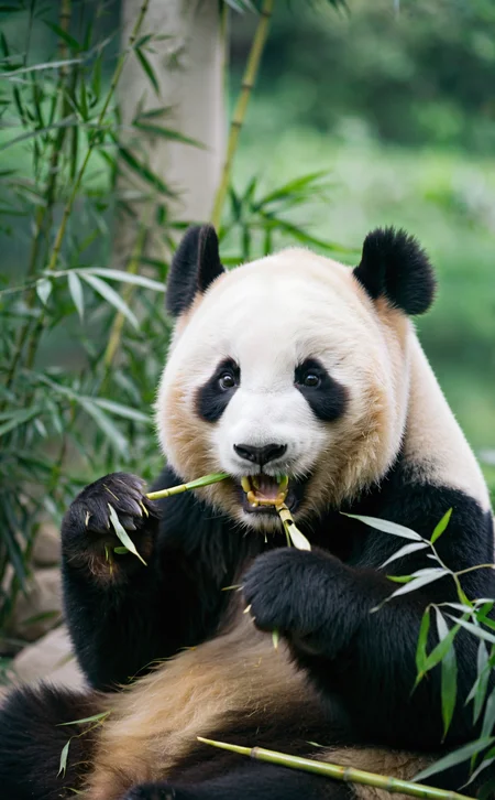 film photography aesthetic,A vibrant, close-up photograph of an adult Giant Panda, front and center amidst a backdrop of lush greenery, a mix of black and white fur stark against the verdant leaves, intense, captivating eyes gazing forward accompanied by a slight open-mouthed expression revealing its teeth, possibly mid-chew, an air of serene engagement with the viewer, natural daylight illuminates the scene, accentuating the Panda's plush coat and the texture of the bamboo, a hint of bamboo stalks gripped in its paw suggests a tranquil feeding moment, no human, a portrait capturing the essence of this endangered species in its natural or simulated habitat.,Vibrant,whimsical