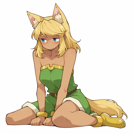 1girl, solo,
liru, dark-skinned female, blonde hair, animal ears, wolf tail, , 
 simple background, white background, (:1.3) shy  relaxed  pose, (wariza , looking to the side ,
,
 <lora:DarkfireStyle19:1.25>