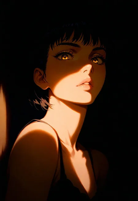 1girl,Guts (Berserk), lips, thin lips, parted lips, solo, looking at viewer, camisole, upper body, dark, underlightling, masterpiece, best quality, very aesthetic