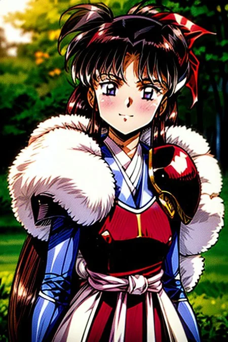 best quality 1girl Setsun4 solo long hair, (night time) forest background black hair very long hair purple eyes multicolored hair armor, small, (fur trim) (medium body),<lora:EMS-179-EMS:0.800000>,<lora:EMS-293862-EMS:0.800000> bow, hair_bow, hair_tubes, red_bow, brown_hair, long_hair, bangs, ascot, frilled_bow, yellow_ascot, blush, smile, hair_between_eyes, athletic, armor, miko, strengthmda, Smiling, happy, helmet