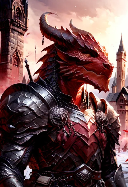 score_9, score_8_up, 8, score_7_up, score_6_up, solo, massive dragonborn with strong armor, red scale dragonborn, in the cathedral , dutch angle, scale mail armor, 40 year old, FFAOR, dungeons and dragons,