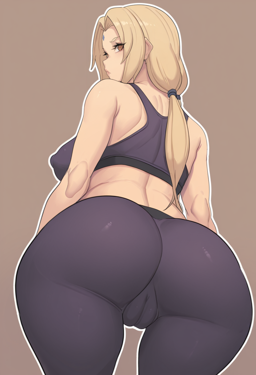 masterpiece, best quality, 
 <lora:metal_owl:1> m3t4l0wl3,
1girl, solo,
From behind,
looking at viewer, 
tsunade \(naruto\), blonde hair , medium breasts,
sports bra, leggings, skindentation, covered nipples, cameltoe, , 
simple background, brunette  background, outline,