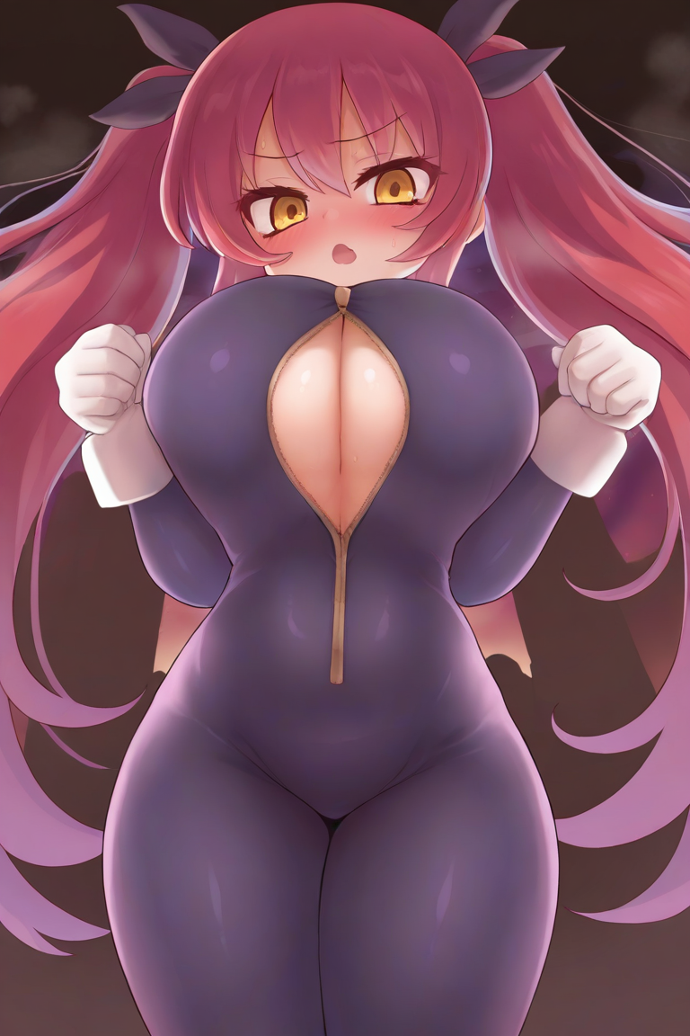 masterpiece, best quality, amazing quality, very aesthetic, absurdres, top quality, high quality, arekishi, Red hair, twintail hair style, spandex bodysuit, cleavage, sexy pose, huge breast, gold eyes,