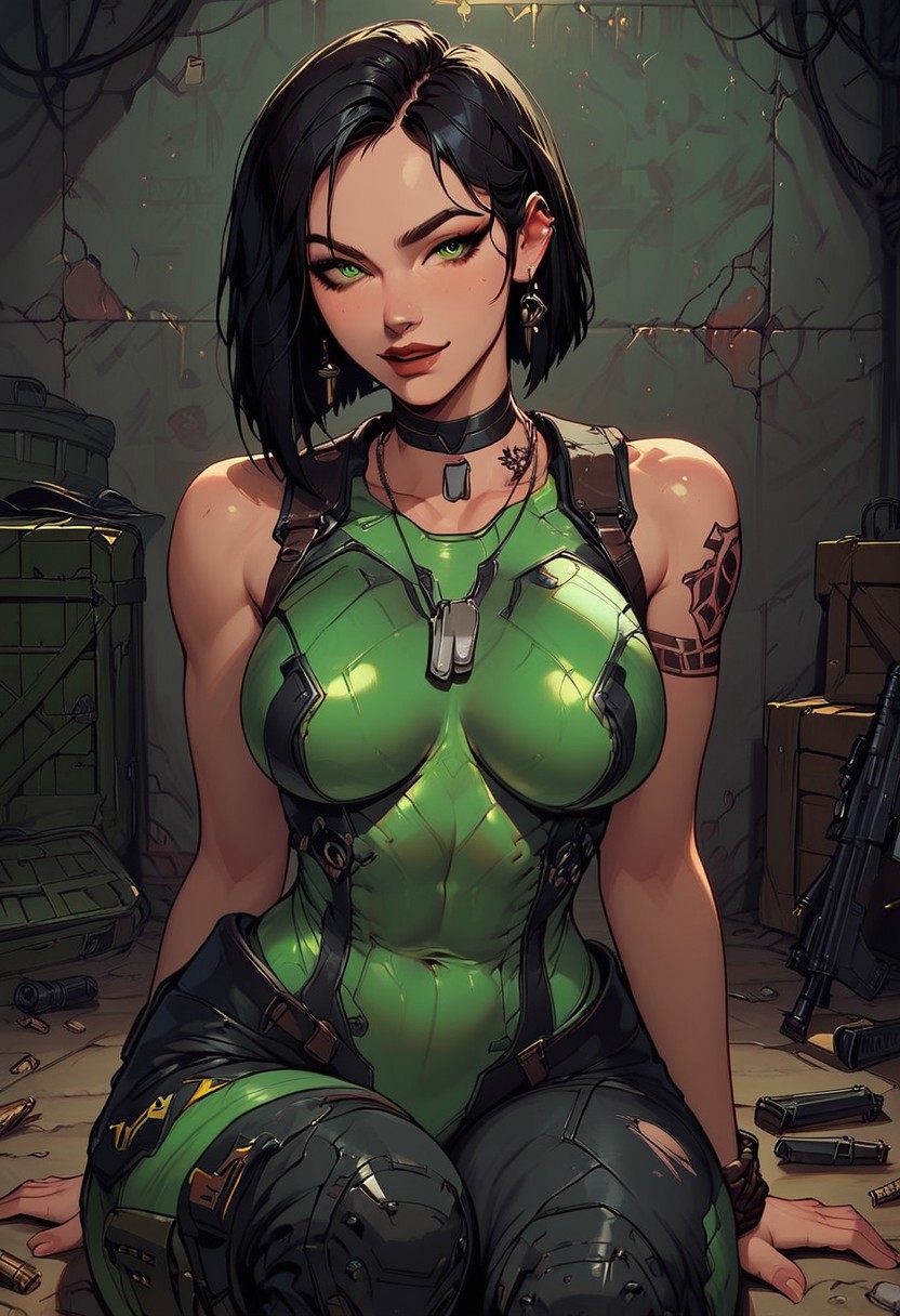 Score_9, Score8_up, Score_7_up, (((High Resolution, Best Quality))), 
1girl, Viper, Viper Valorant, solo, toned arms, sleeveless, Covered in Tattoos, neck tattoos, hair tied up, black hair, green highlight in hair,
futuristic, futuristic armor, neon green lights on bodysuit, armored suit, body armor, armor, plated armor, revealing bodysuit, tight bodysuit, tactical, military gear, pistol, pistol in hand, one hand up, 
Exposed hips, exposed ribs, holes ripped in suit,
large breasts, choker, dog tags, ear piece, 
seducing, seductive, flirty, tender, loving, playful, looking at viewer, smug, 
Sitting on ground, leaning against wall, relaxed, leaning back, arm resting on knees, arm on knee,
inside, Military, military base, military barracks, cots, crates, military boxes, guns, bullets, supplies, armory,