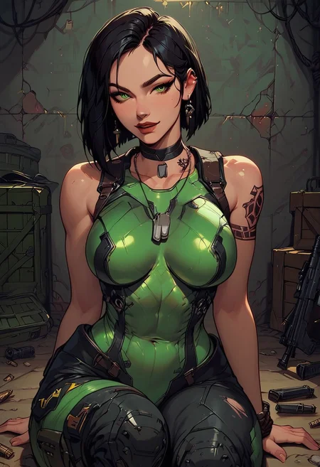 Score_9, Score8_up, Score_7_up, (((High Resolution, Best Quality))), 
1girl, Viper, Viper Valorant, solo, toned arms, sleeveless, Covered in Tattoos, neck tattoos, hair tied up, black hair, green highlight in hair,
futuristic, futuristic armor, neon green lights on bodysuit, armored suit, body armor, armor, plated armor, revealing bodysuit, tight bodysuit, tactical, military gear, pistol, pistol in hand, one hand up, 
Exposed hips, exposed ribs, holes ripped in suit,
large breasts, choker, dog tags, ear piece, 
seducing, seductive, flirty, tender, loving, playful, looking at viewer, smug, 
Sitting on ground, leaning against wall, relaxed, leaning back, arm resting on knees, arm on knee,
inside, Military, military base, military barracks, cots, crates, military boxes, guns, bullets, supplies, armory,