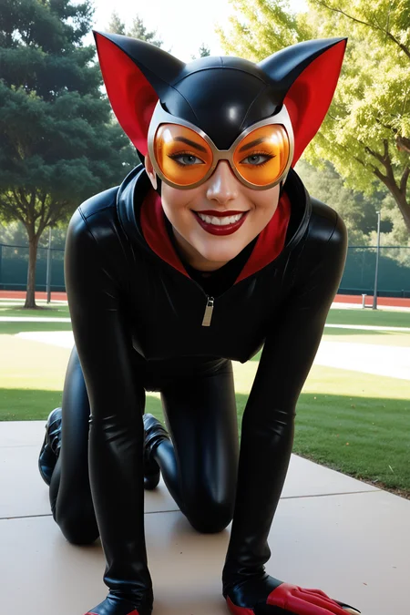 score_9, score_8_up, score_7_up, masterpiece, high quality, BREAK realistic
<lora:Catwoman 2004PonyLoRA:0.8>ctwm2004, cat ears, black bodysuit, goggles, gloves, sharp fingernails, park, on all fours, smile