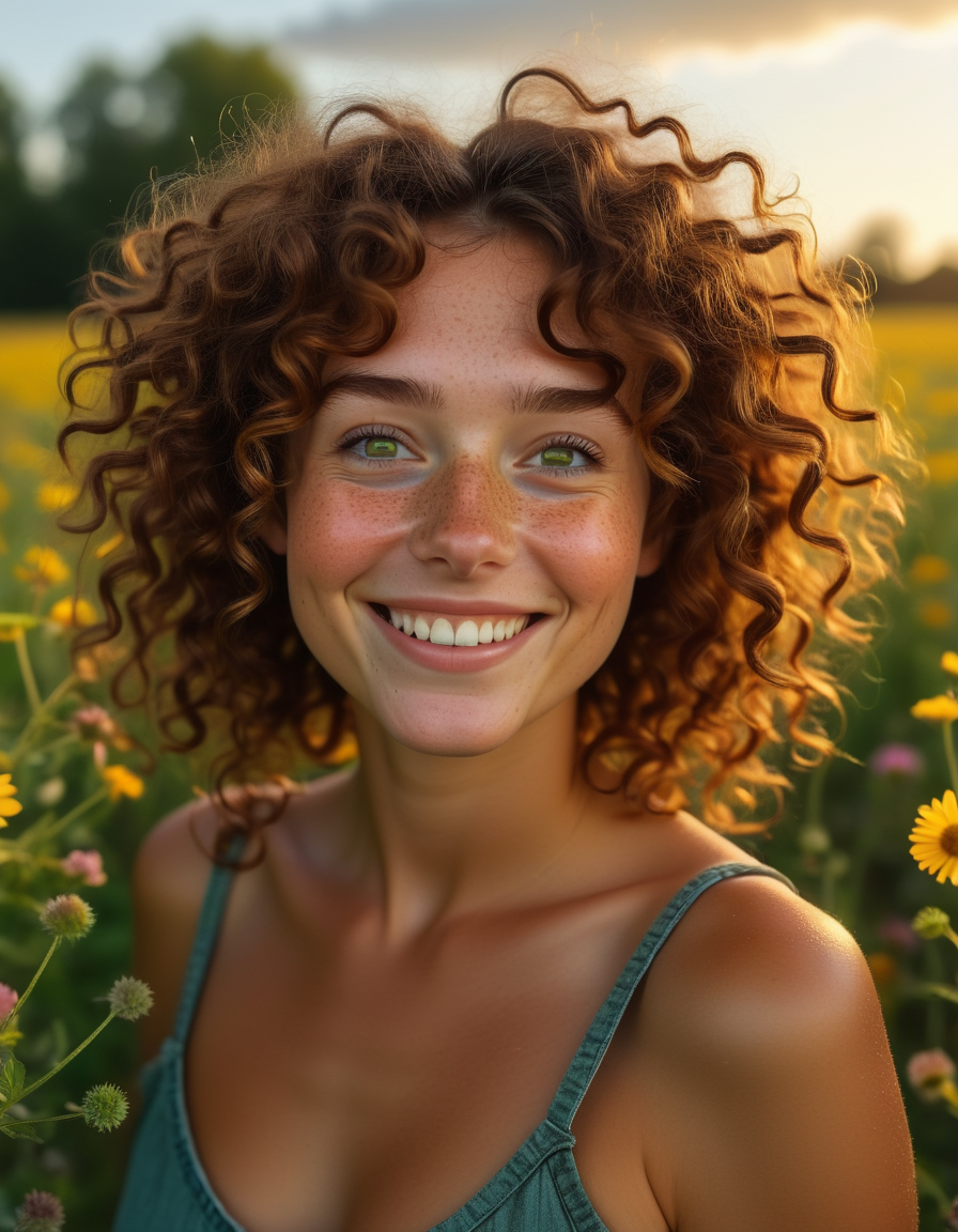 2d, A woman with curly, chestnut brown hair framing her face, her green eyes glinting with mischief. Sheâs standing in a field of wildflowers, the sun casting a warm glow on her freckled skin, a playful smile on her lips., highly detailed, Callous, Rembrandt lighting, Peach, sad atmosphere <lora:usual-portrait-v2:.9>