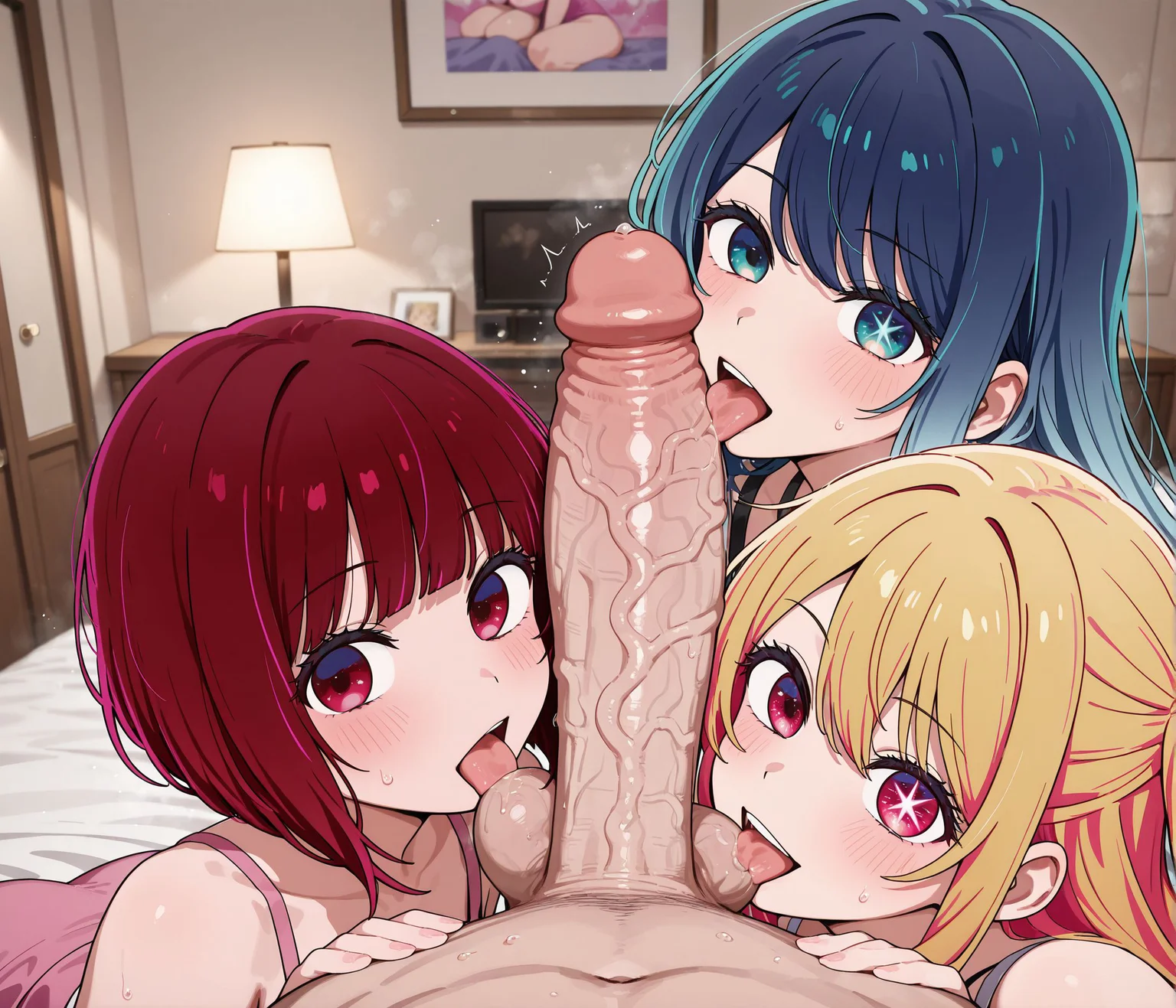 masterpiece,best quality,amazing quality,very aesthetic,absurdres,newest,huge filesize,
<lora:spo_sdxl_10ep_4k-data_lora_webui:0.5>,anime coloring,
<lora:add-detail-xl:1>
<lora:triple_fellatio:0.7>
triple fellatio,
multiple girls,
hetero,penis,huge penis, veins penis,
3girls,oral,
fellatio,cooperative fellatio,
1boy,licking testicles,
BREAK
love hotel,
arima kana,
BREAK
kurokawa akane, long hair,
BREAK
hoshino ruby,
BREAK
oshi no ko, official art,