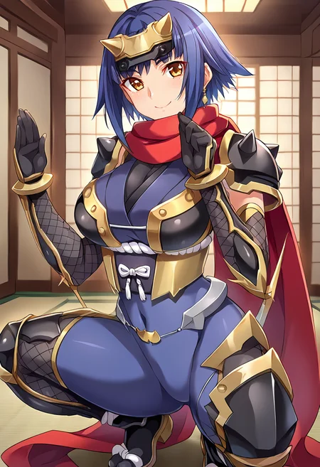 score_9, score_8_up, score_7_up, source_anime, masterpiece BREAK ct_k4guya, blue hair, short hair, large breasts, forehead protector, red scarf, blue bodysuit, armor, obi, shoulder armor, fishnets, elbow gloves, vambraces, greaves, looking at viewer, indoors, japanese home, cowboy shot, smile, squatting, <lora:Kaguya_OnnaKanbu_Pony_ct:0.9>
