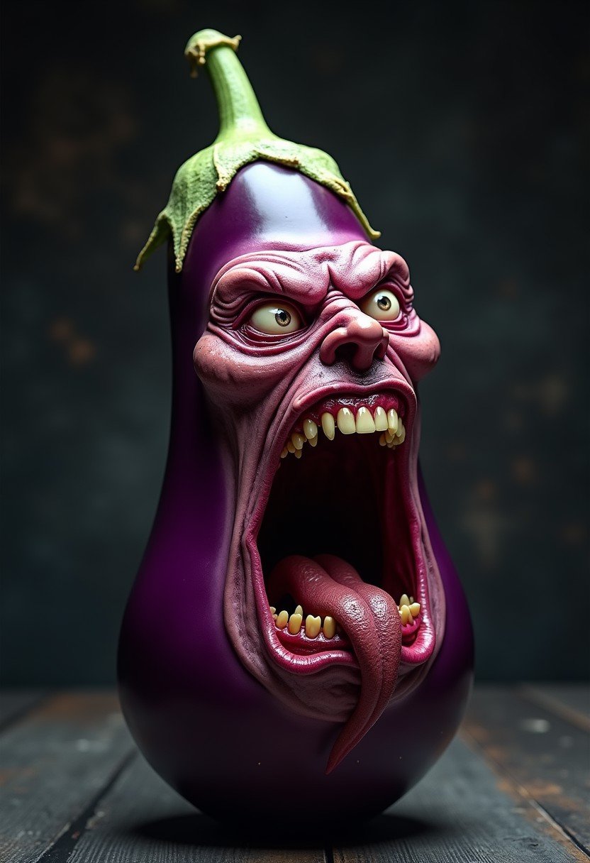 Hyperrealistic eggplant with a grotesquely anthropomorphic face, screaming in intense rage or agony. Smooth, oblong shape with glossy purple skin, transitioning seamlessly into wrinkled, flesh-like features. Eyes bulge outward, bloodshot and strained, with pale, watery flesh forming eerie eye sockets. Brow deeply furrowed, creating harsh lines across the eggplant's surface. Nose scrunched and flared, nostrils clearly visible. Mouth stretched impossibly wide, revealing rows of human-like teeth and a moist, glistening tongue. Lips pulled back in a snarl, exposing gums. Cheeks contorted, emphasizing the screaming expression. Skin pores and fine hairs visible on the face portion, blending into the smooth, shiny eggplant texture with its slight dimples and curves. Vivid purple coloration with subtle variations in tone, highlighting the vegetable's glossy surface. Harsh lighting from above casts dramatic shadows, accentuating the three-dimensional quality and the grotesque facial features. Background is a neutral grey gradient, focusing attention on the surreal, nightmarish eggplant creature.