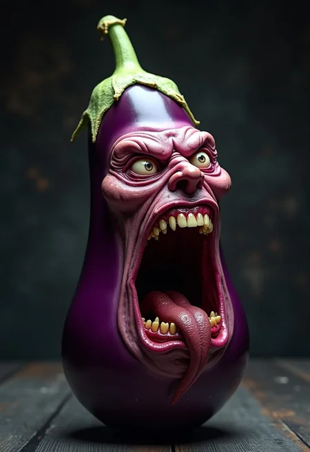 Hyperrealistic eggplant with a grotesquely anthropomorphic face, screaming in intense rage or agony. Smooth, oblong shape with glossy purple skin, transitioning seamlessly into wrinkled, flesh-like features. Eyes bulge outward, bloodshot and strained, with pale, watery flesh forming eerie eye sockets. Brow deeply furrowed, creating harsh lines across the eggplant's surface. Nose scrunched and flared, nostrils clearly visible. Mouth stretched impossibly wide, revealing rows of human-like teeth and a moist, glistening tongue. Lips pulled back in a snarl, exposing gums. Cheeks contorted, emphasizing the screaming expression. Skin pores and fine hairs visible on the face portion, blending into the smooth, shiny eggplant texture with its slight dimples and curves. Vivid purple coloration with subtle variations in tone, highlighting the vegetable's glossy surface. Harsh lighting from above casts dramatic shadows, accentuating the three-dimensional quality and the grotesque facial features. Background is a neutral grey gradient, focusing attention on the surreal, nightmarish eggplant creature.