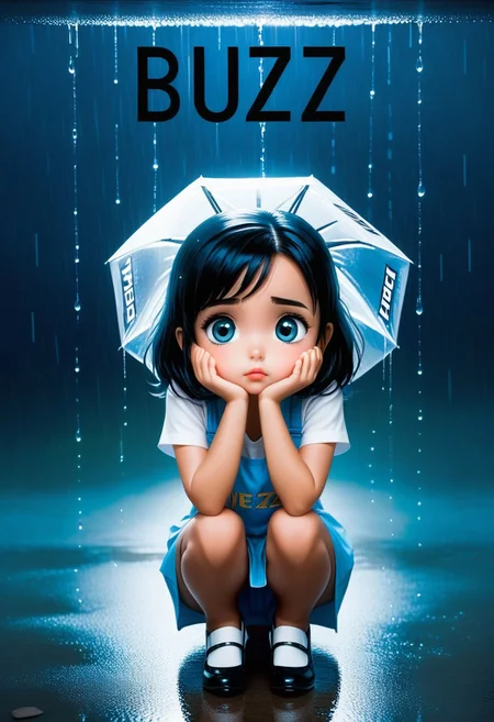 1girl, on knees, beautiful, with big sad eyes with tears, she is looking up at viewer, holding a sign that says “Need BUZZ”, text, It is pouring down rain.