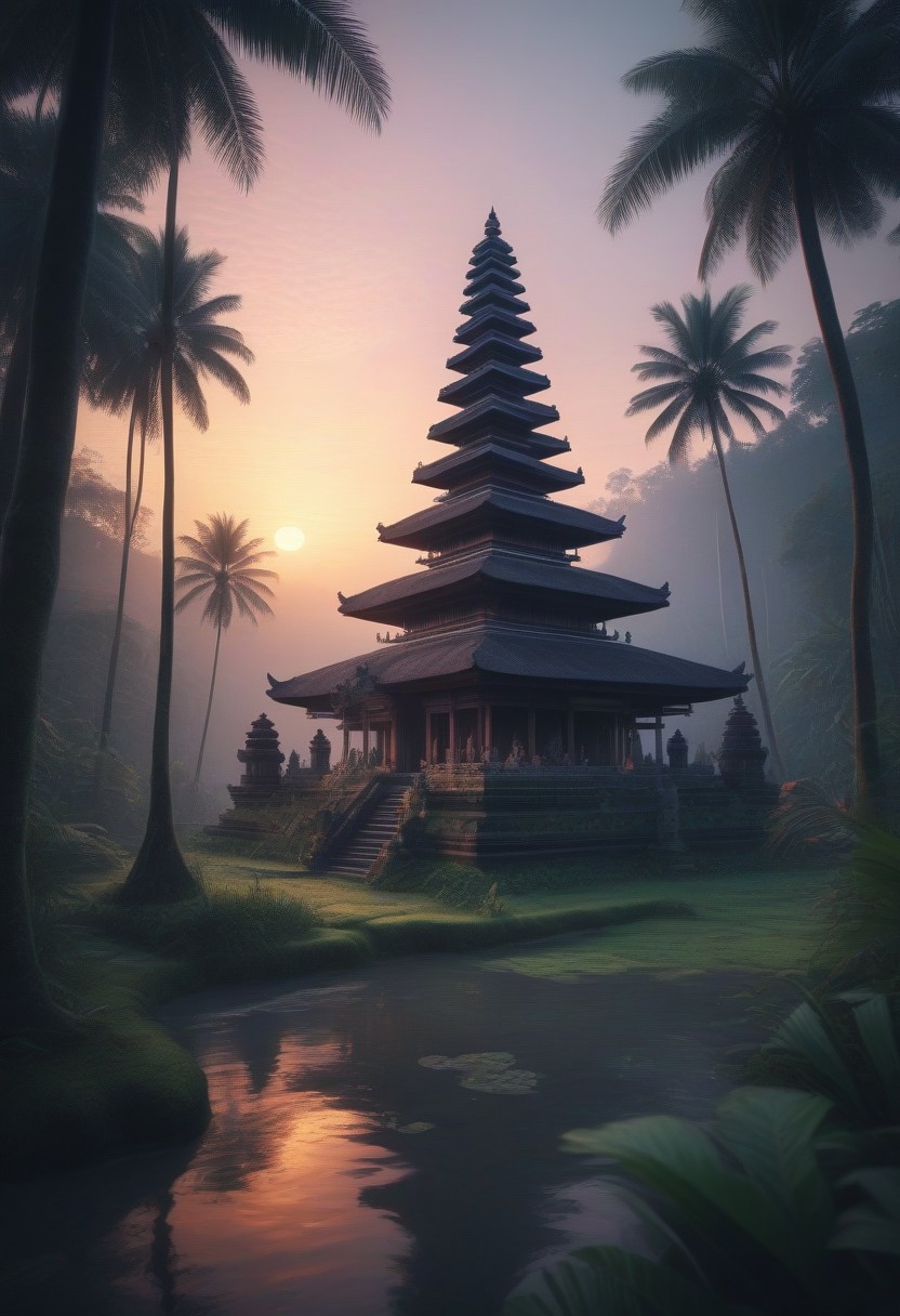 breathtaking beauty of Bali, scenic bali jungle sunset landscape with a temple, perfect composition, Pastell colors, haze, low angle,
shadow Palms, masterpiece, best quality, double exposure, realistic, whimsical, fantastic, splash art, intricate detailed, hyperdetailed, maximalist style, photorealistic, concept art, sharp focus, harmony, serenity, tranquility,
mysterious glow, ambient occlusion, halation, cozy ambient lighting,dynamic lighting, masterpiece, liiv1, linquivera, metix, mentixis, masterpiece, award winning,
