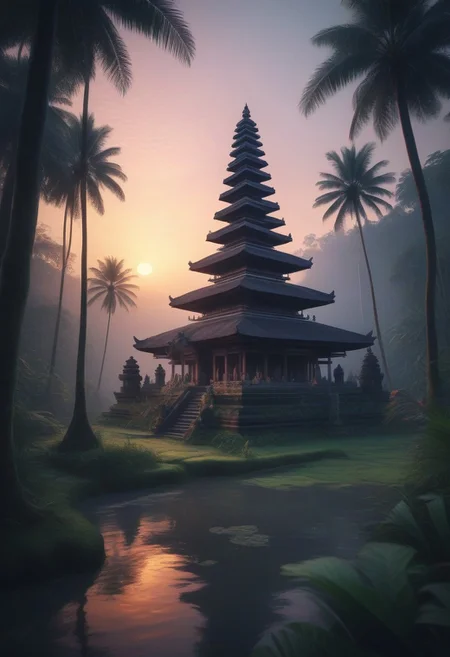 breathtaking beauty of Bali, scenic bali jungle sunset landscape with a temple, perfect composition, Pastell colors, haze, low angle,
shadow Palms, masterpiece, best quality, double exposure, realistic, whimsical, fantastic, splash art, intricate detailed, hyperdetailed, maximalist style, photorealistic, concept art, sharp focus, harmony, serenity, tranquility,
mysterious glow, ambient occlusion, halation, cozy ambient lighting,dynamic lighting, masterpiece, liiv1, linquivera, metix, mentixis, masterpiece, award winning,
