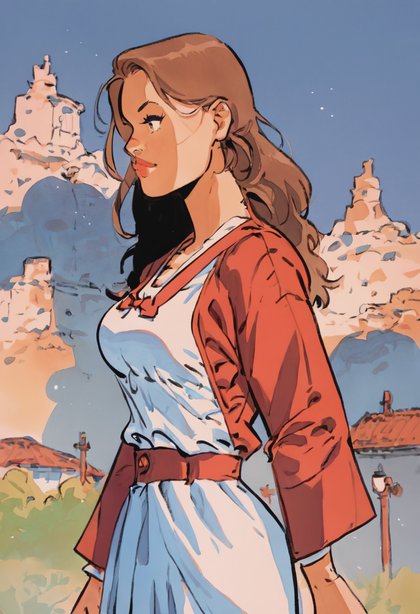 score_9, score_8_up, score_7_up, 1girl, mature_female, large_breasts, portrait, solo, Walking with a prancing step, perspective, (Light blue miko), long hair, plait, Chestnut Brown hair, profile, rating_safe, <lora:pony\artist_styles\felix_meynet_pony:1.0>