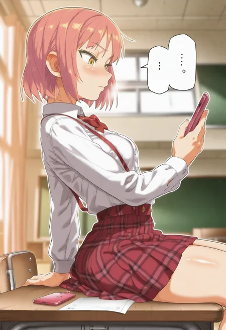 masterpiece, best quality, amazing quality, indoors, school, <lora:akushizuIL:1> 1girl, pink hair, short hair, yellow eyes, school uniform, dress shirt, plaid skirt, suspenders, suspender skirt, sitting, on desk, from side, looking at phone, holding phone, ...,