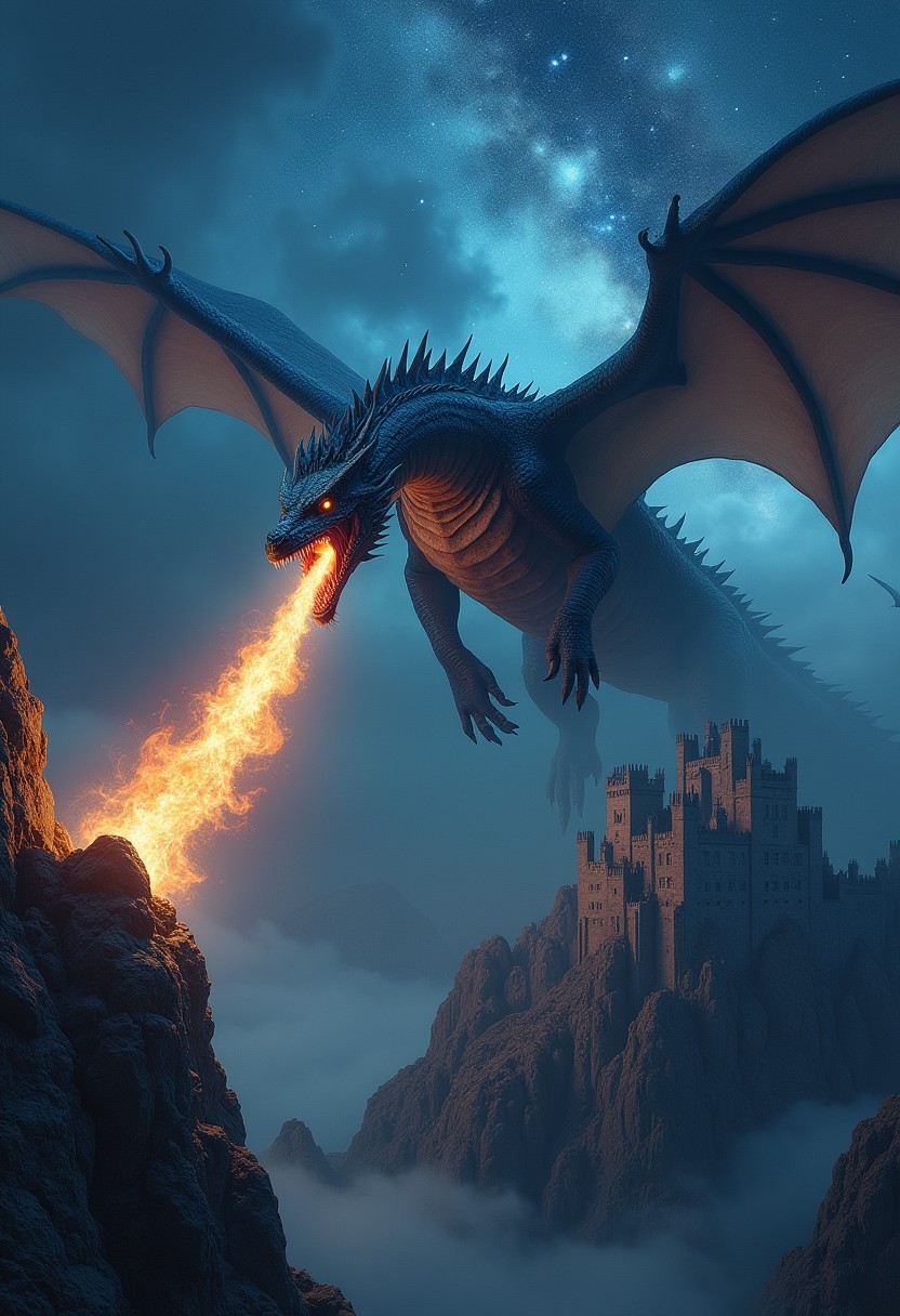 A colossal dragon with shimmering, dark blue scales soars above a rugged mountain range, exhaling a torrent of fiery breath that illuminates the dark sky. Beneath, an ancient, weather-beaten castle perches precariously on a cliff, while a tempestuous, star-studded sky looms ominously overhead.