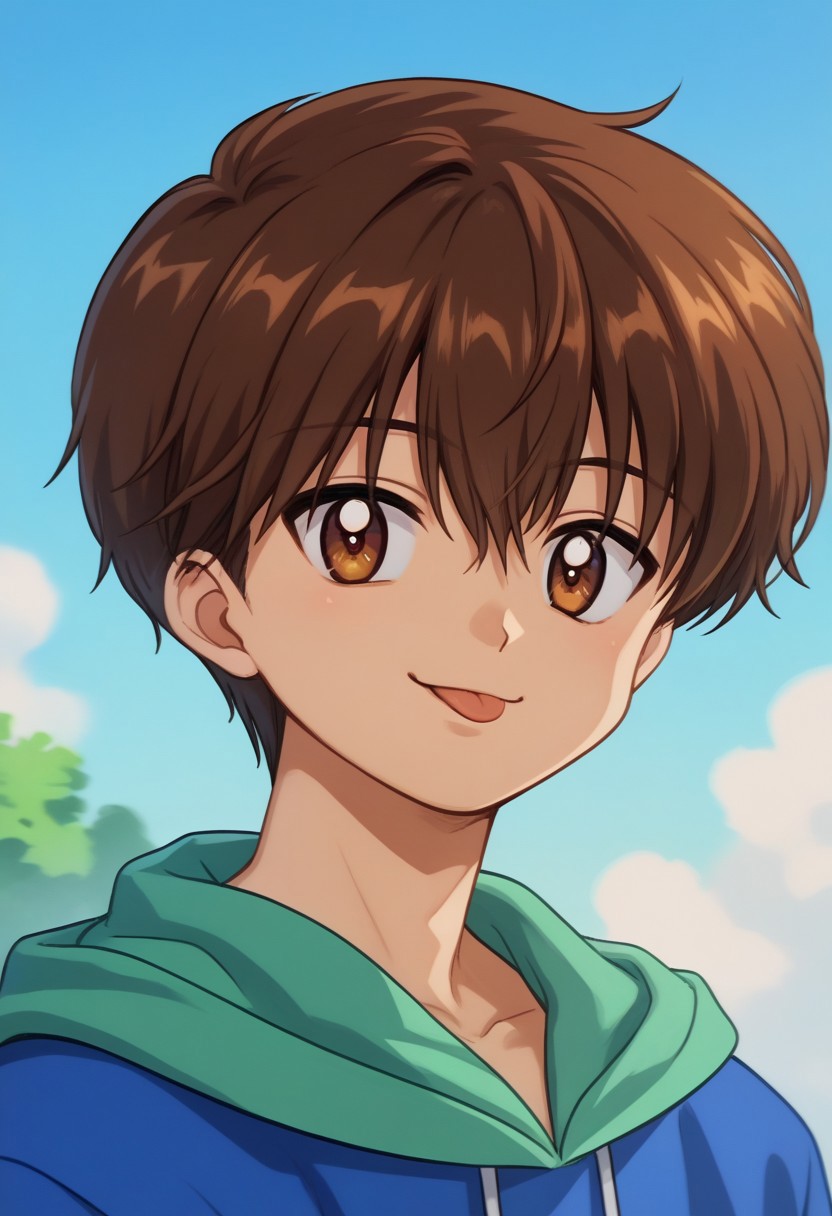 score_9, score_7_up, source_anime 
kanata, 1boy, male focus, solo, brown eyes, brown hair, short hair, bangs, hair between eyes, hoodie, hood, blue hoodie, green hood, tongue out, smile, portrait
outdoor, sky,