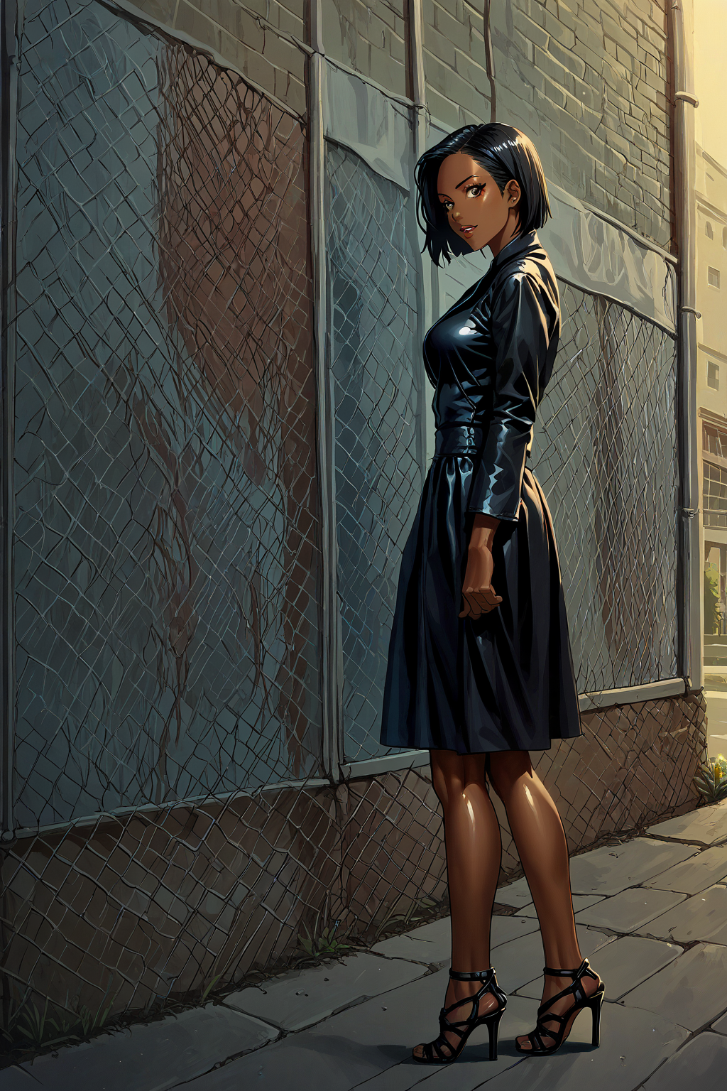 score_9, score_8_up, score_7_up, score_6_up, source_anime, 1girl, Kenichi Sonoda Style, 1990s_(style), solo, Medium breasts, shiny skin, oiled skin, Hayami Ayuko, dark-skinned female, 1girl, black coat, black pantyhose, skirt, (Cage Heels:1.1), Cage Sandals
