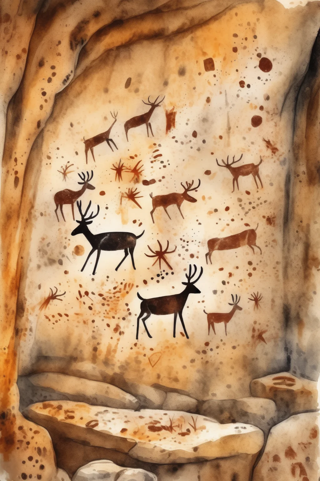 <lora:Lascaux:1>Lascaux - Wall of a cave with cave paintings, in which printed hands are seen, hunting scenes with deer, painted with coal, spirals. Image with the escape point from the ground. Watercolor illustration style. Realistic. Story image