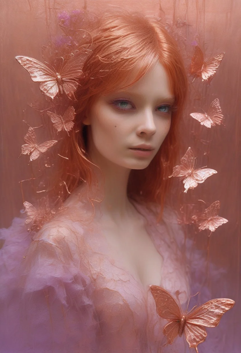 (Theme: Copper Butterflies). masterpiece, newest,absurdres,incredibly absurdres,1girl, solo, bug, copper butterfly, bangs, copper hair, looking at viewer, long hair, blunt bangs, covered mouth, purple eyes, copper theme, eyelashes, flower, pink eyes, dark_theme,abstract background,
depth of field
