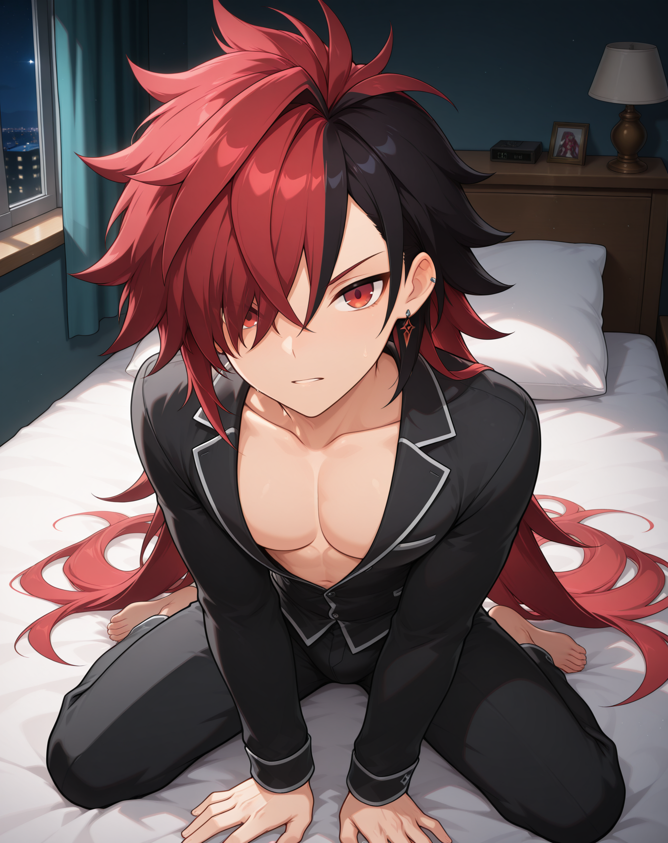 masterpiece,best quality,amazing quality, newest, very aesthetic, absurdres,
1boy, solo, yaoi, male focus, looking at viewer, full body, face focus, lying, on bed,
<lora:Elsword_Immortal_ilxl:1> elswordim, red eyes, multicolored hair, red hair, two-tone hair, black hair, long hair, streaked hair, hair over one eye,
pajamas, open clothes,
indoors, night, dark room, bedroom,