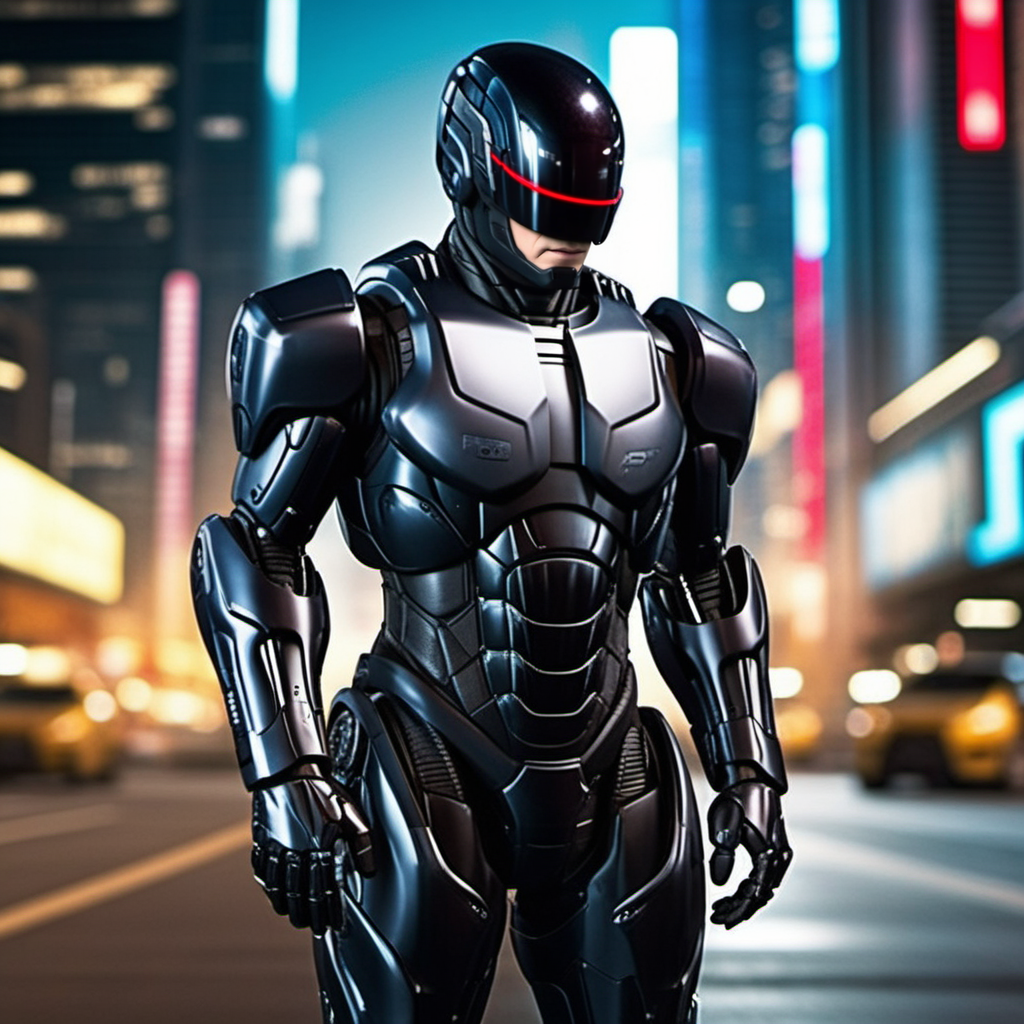 Robocop2014, a black armored robot, full body, cyberpunk city background, highly detailed,  photography, ultra sharp, film, professional, 64k <lora:add-detail-xl:1.5>  <lora:Robocop2014-1024-000325:0.6>
