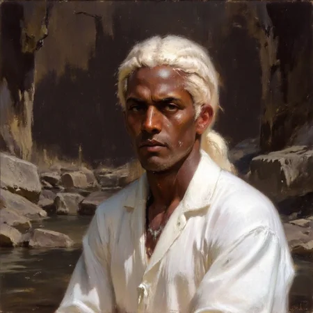 Dark-Fantasy-Cardd-V.2.0 style dark fantasy oil painting with detailed eyes that features a dark skinned, african man with white dreadlocks in dark fantasy setting, he is wearing a white robe and there is a river in the background