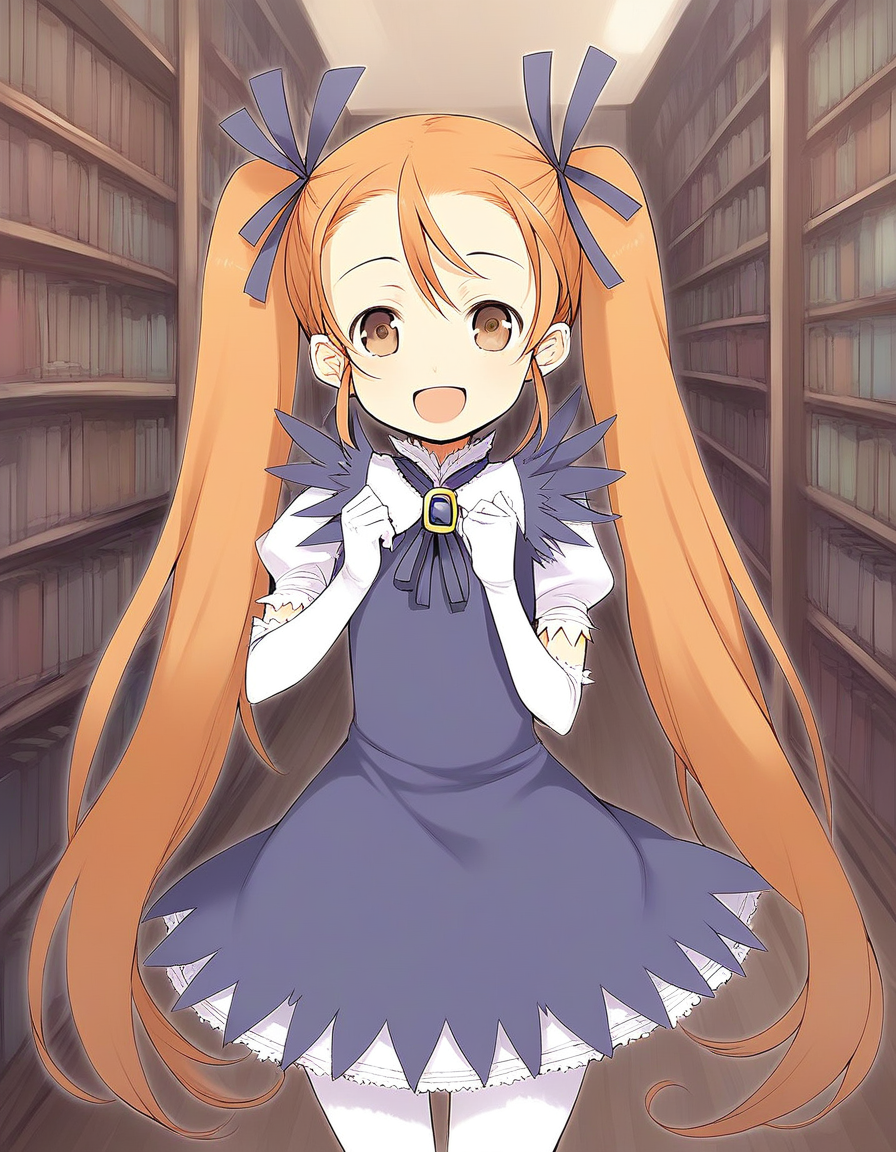 score_9, score_8_up, score_7_up, source_anime, rating_explicit, BREAK  <lora:Aliese_Martini_Ver2.0_XL:1> Aliese_Martini, 1girl, solo, twintails, long hair, brown eyes, hair ribbon, orange hair, brown hair, short stack,
elbow gloves, dress, open mouth, smile, white gloves, ribbon, pantyhose, very long hair
library, bookshelf, room,
smile,
looking at viewer, 
cowboy_Shot,