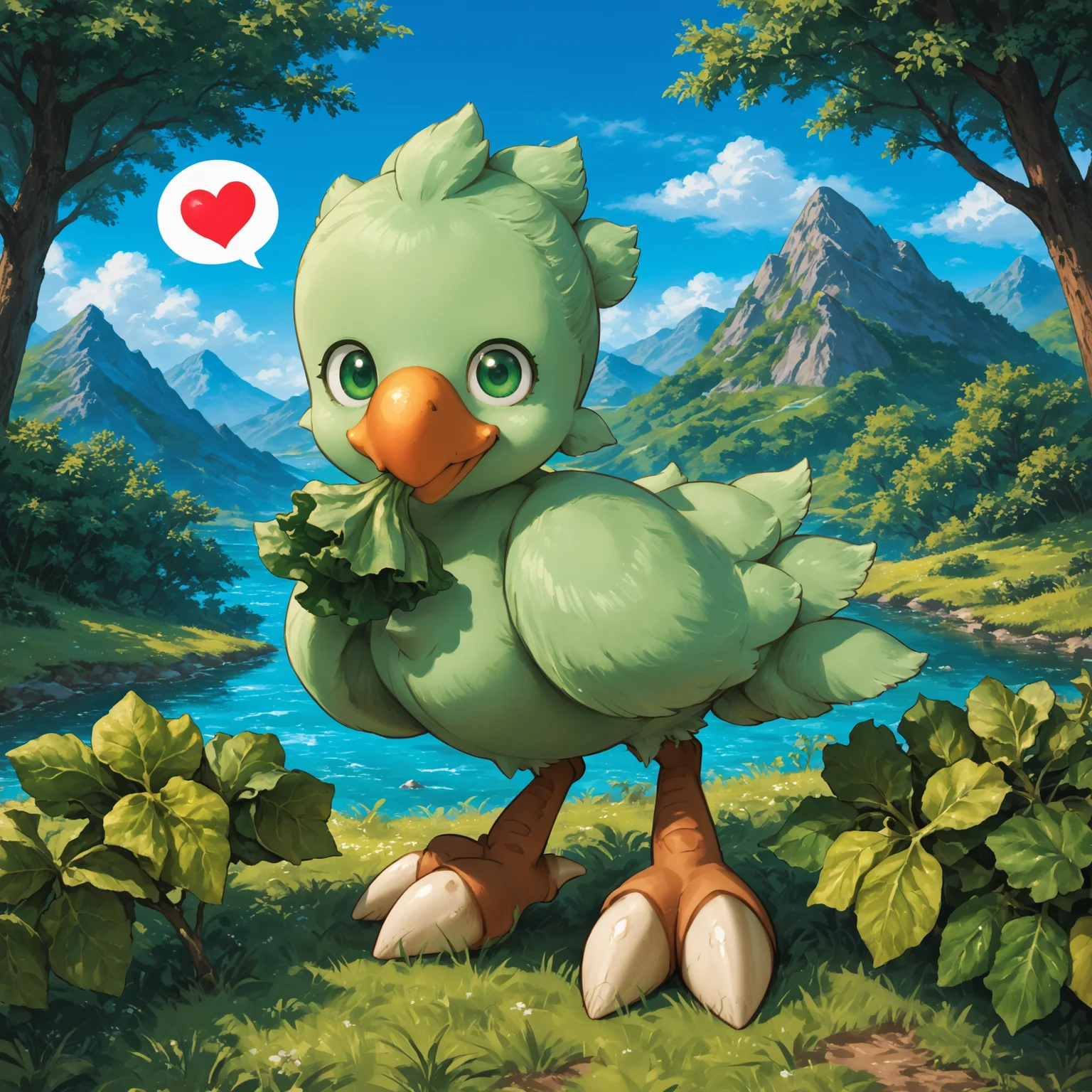 score_9, score_8_up, score_7_up, source_anime BREAK
mountain, tall grass
(from side:1.5), sideview, looking at viewer,
light green feathers, orange beak, light green wings, light green tailfeathers, two bird feet, white talons, light green bird tail, (two legs:1.5), bird, chibi, (closed mouth:1.2), smile, green eyes
(leaning down:1.4), eating (lettuce:1.2), (eating:1.3), happy, spoken heart,
<lora:Cute_Chocobo:1>
detailed background, beautiful scenery
<lora:add-detail-xl:1>
<lora:SDXLFaeTastic2400:1>