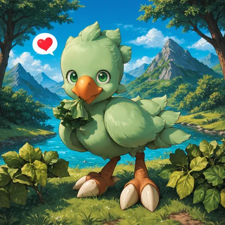 score_9, score_8_up, score_7_up, source_anime BREAK
mountain, tall grass
(from side:1.5), sideview, looking at viewer,
light green feathers, orange beak, light green wings, light green tailfeathers, two bird feet, white talons, light green bird tail, (two legs:1.5), bird, chibi, (closed mouth:1.2), smile, green eyes
(leaning down:1.4), eating (lettuce:1.2), (eating:1.3), happy, spoken heart,
<lora:Cute_Chocobo:1>
detailed background, beautiful scenery
<lora:add-detail-xl:1>
<lora:SDXLFaeTastic2400:1>