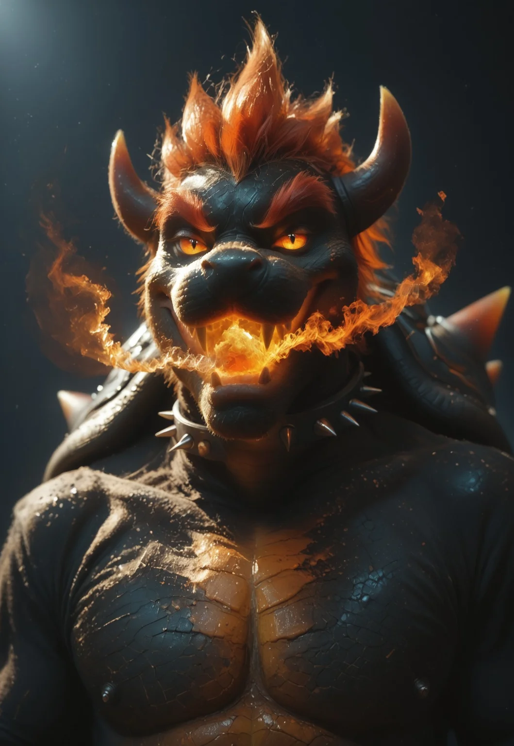 safe_pos, score_9, score_8_up, score_7_up, 1boy, solo, (3DMM), ExpressiveH, (FuryBowser, anthro, male scalie, black body, black scales, red hair, red eyebrows, white eyes, no pupils, spiked collar, spiked shell, fire breathing), looking at viewer, upper body, smile, open mouth, dark background, dungeon background, 4k, masterpiece, best quality, highly detailed, realistic, cowboy shot, nude